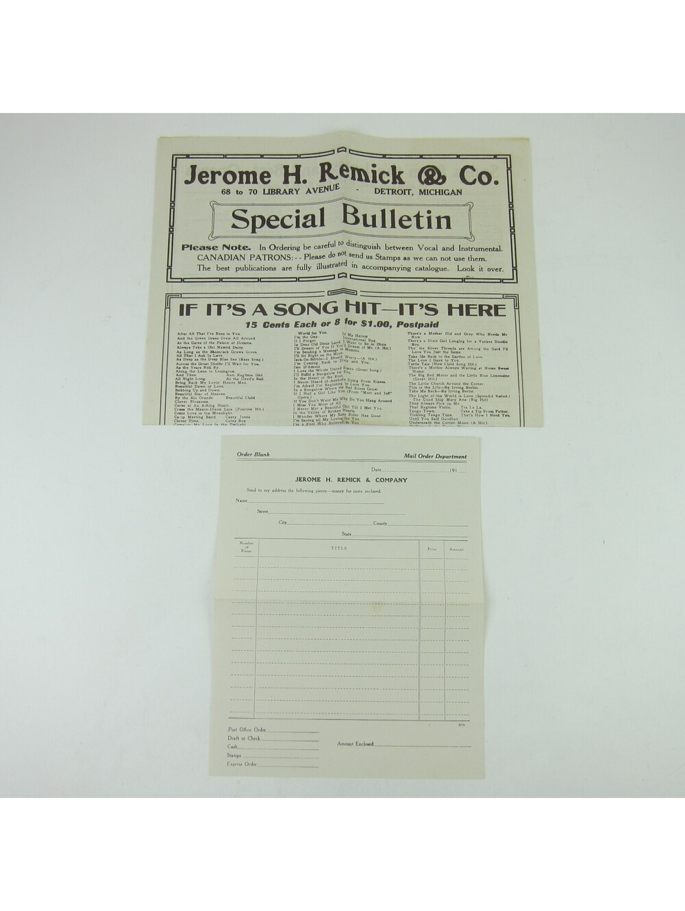Sheet Music Jerome H. Remick & Co Advertising Special Bulletin Form Antique 1910